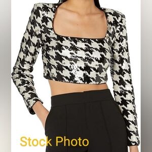 ASTR the Label Houndstooth Sequin Long Sleeve Cropped Darby Top Small